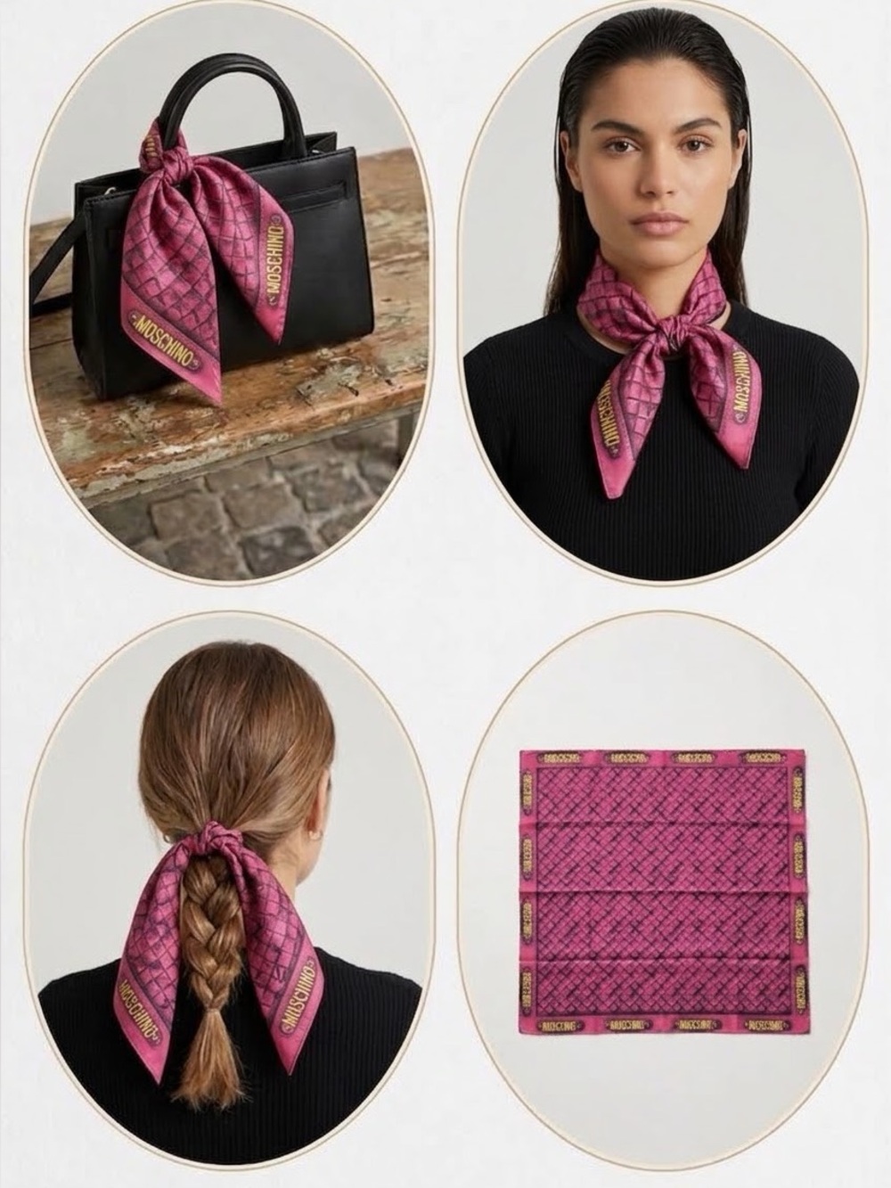 Moschino Pink Quilted Print Silk Scarf with Logo Border